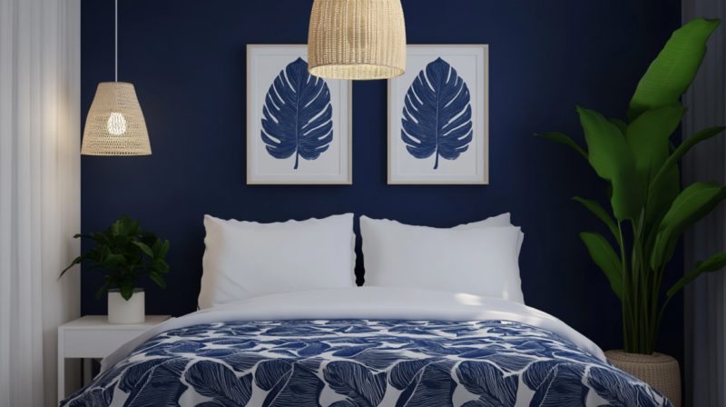 A Cozy Bedroom with Navy Blue Walls, a Leafy Print Duvet, and Plants