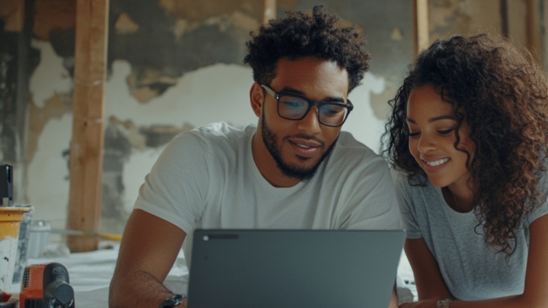 A Couple Sharing Ideas on A Laptop During a Home Improvement Project