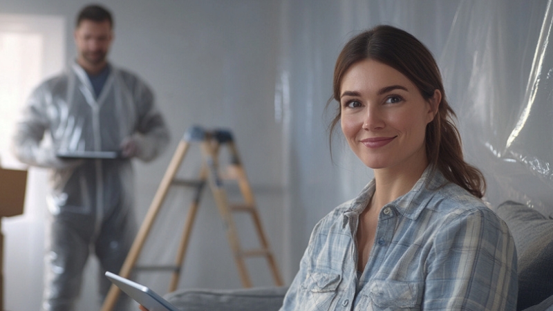 A Woman Smiling While Sitting on A Couch, with A Person Working in The Background During a Home Improvement Project, Perfect for A Home Improvement Blog