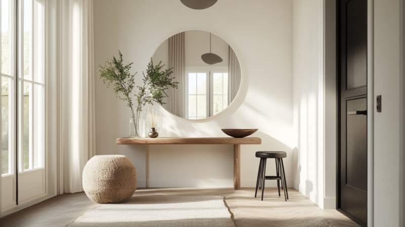 A Minimalist Entryway Featuring a Round Mirror, Wooden Table, and Plants, Creating a Balanced Energy Flow