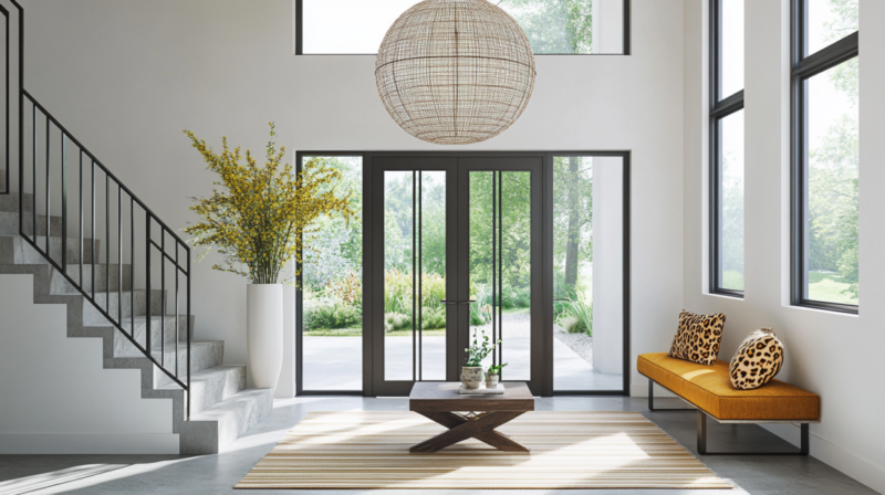 A Bright and Welcoming Entryway with Natural Light, Featuring a Striped Rug, Yellow Bench, and Plants that Align with Feng Shui Principles