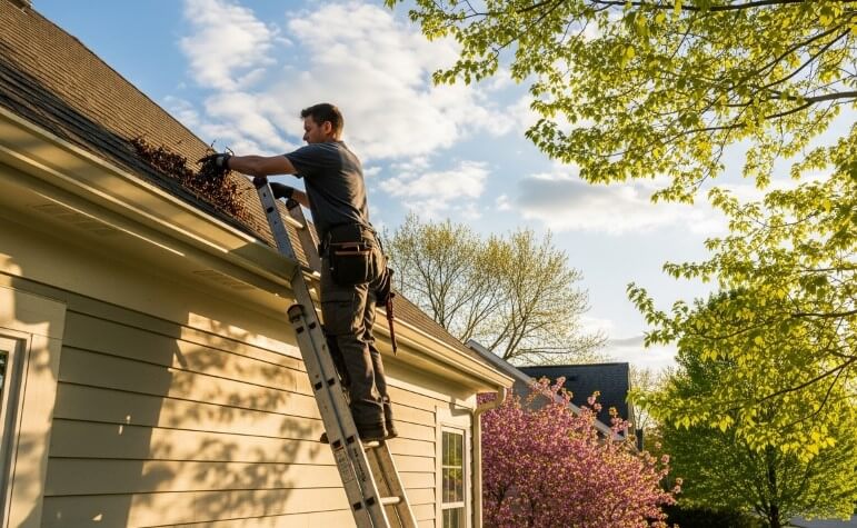 A man on a ladder cleaning the roof of a house under clear blue skies