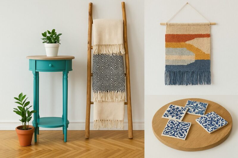 A turquoise repainted side table with a potted plant, a rustic ladder used as a blanket rack, a colorful fabric wall hanging, and handmade tile coasters, showcasing DIY home décor ideas in a cozy living space.