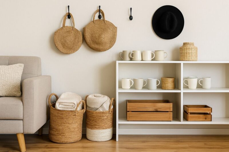 A cozy living room corner with woven baskets holding rolled blankets, a white open shelf displaying mugs and wooden crates, and wall hooks with hats and bags, showing storage as décor. 