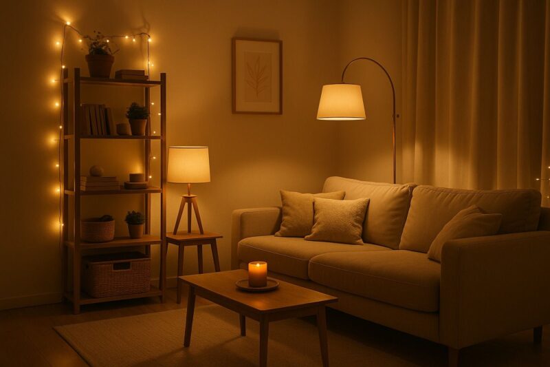 A cozy living room with layered lighting, including a floor lamp, table lamp, string fairy lights, and a glowing candle on a coffee table, creating a warm and inviting mood.