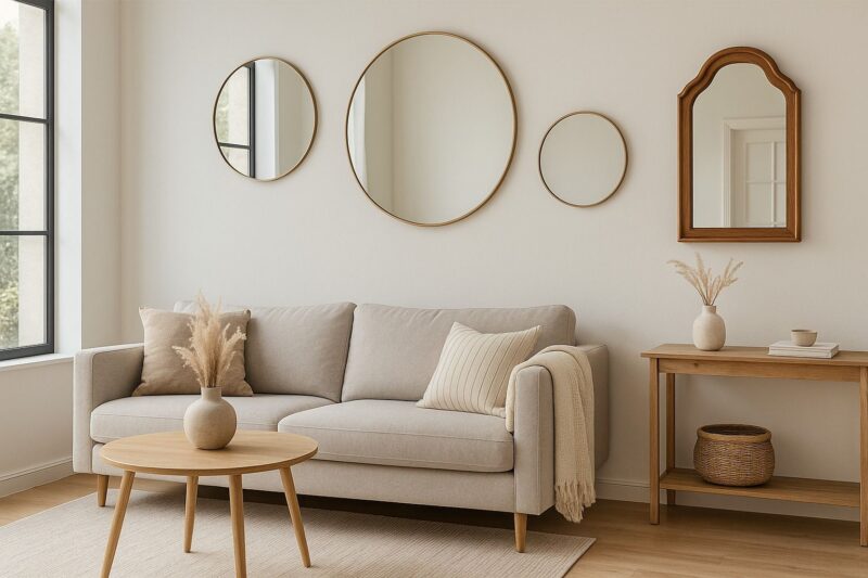A bright living room with large and small round mirrors on the wall, a vintage framed mirror, a beige sofa, wooden coffee table, and natural light reflecting through a window, showing how mirrors expand space.