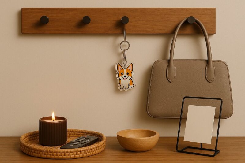 A stylish entryway with wooden wall hooks holding a personalized keychain and handbag, and a console table below displaying a candle in a woven tray, a wooden bowl, and a minimal photo stand. 