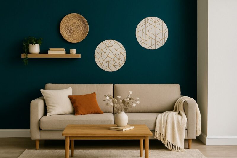 A cozy living room with a bold teal accent wall featuring geometric patterns, a beige sofa with pillows, a wooden coffee table, and a floating shelf, showing how wall color and texture change a space.