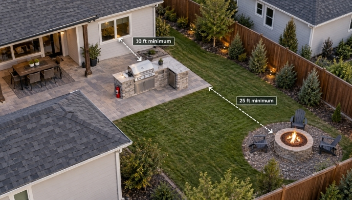 Aerial view of an outdoor kitchen and backyard fire pit with arrows showing 10-foot and 25-foot fire safety distances.
