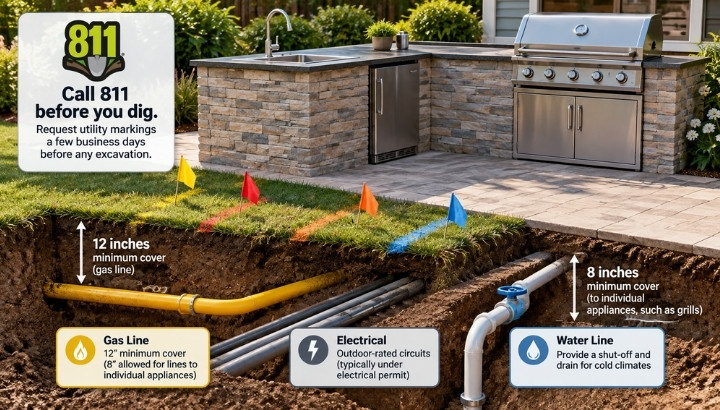 Outdoor kitchen infographic showing underground gas, electrical, and water lines, utility markings, and minimum gas pipe burial depths.