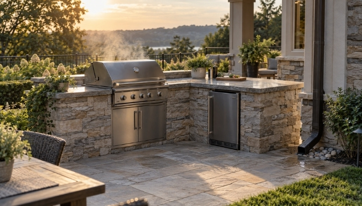 Stone outdoor kitchen with stainless steel grill and refrigerator, exposed to afternoon sunlight, with rainwater drainage beside the patio